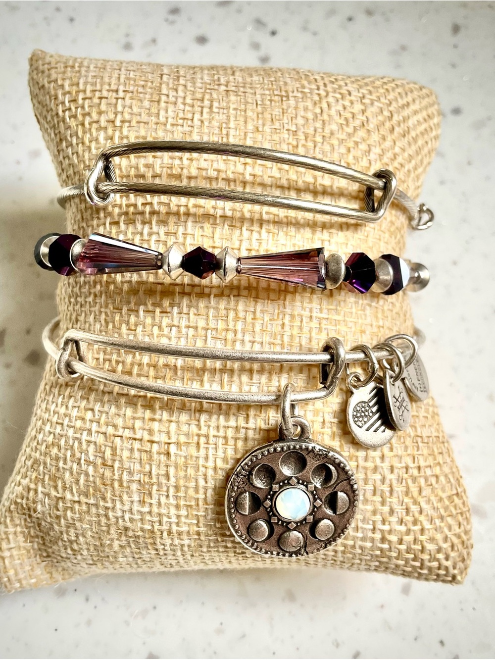 Alex and Ani Silver-Tone Bangle Stack Luna Moon Purple with Purple Crystal Beads